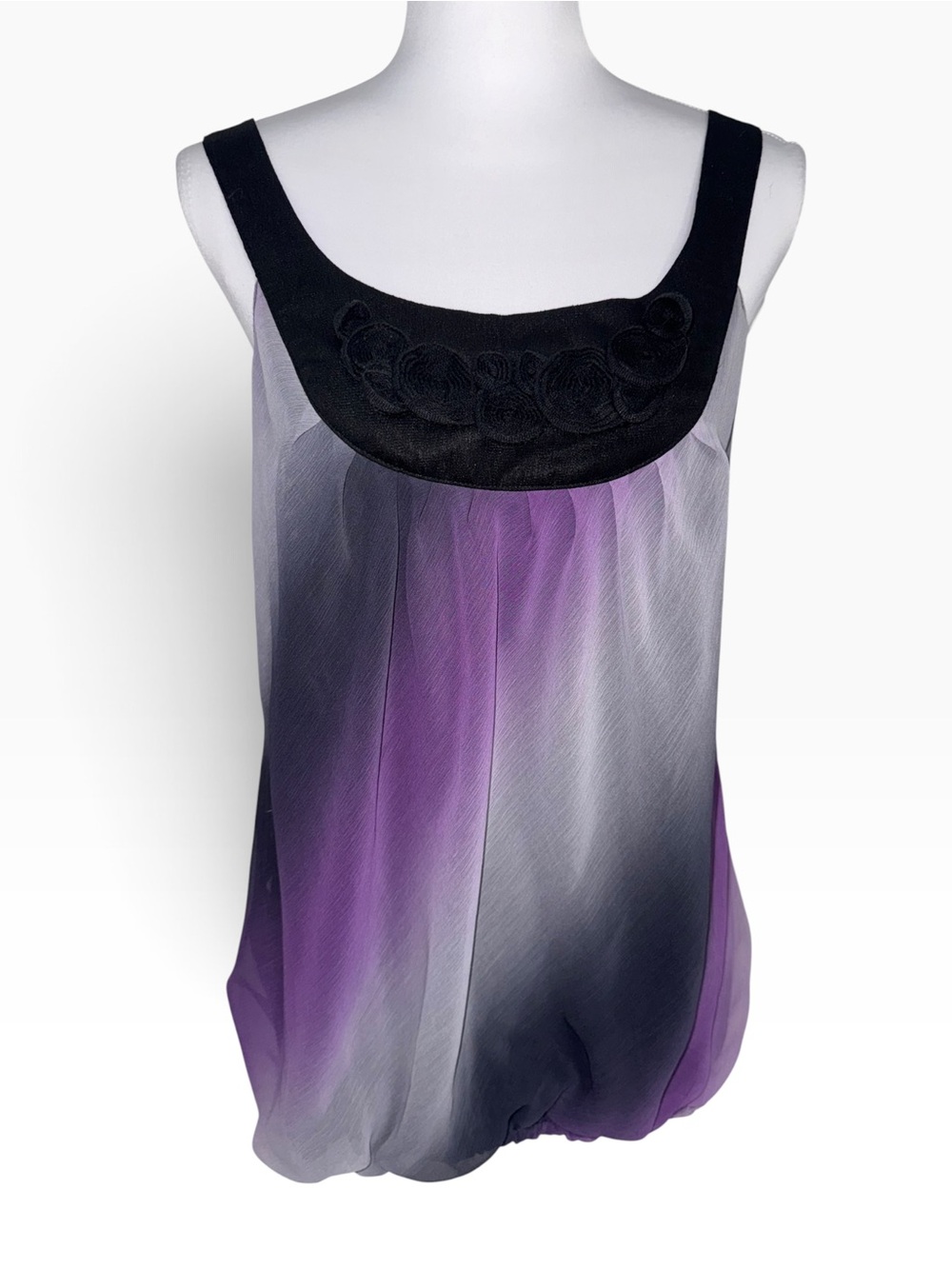 VTG Wrapper Large Purple Gray Black Ombre Floral Chiffon Bubble Hem Tank Top Y2K